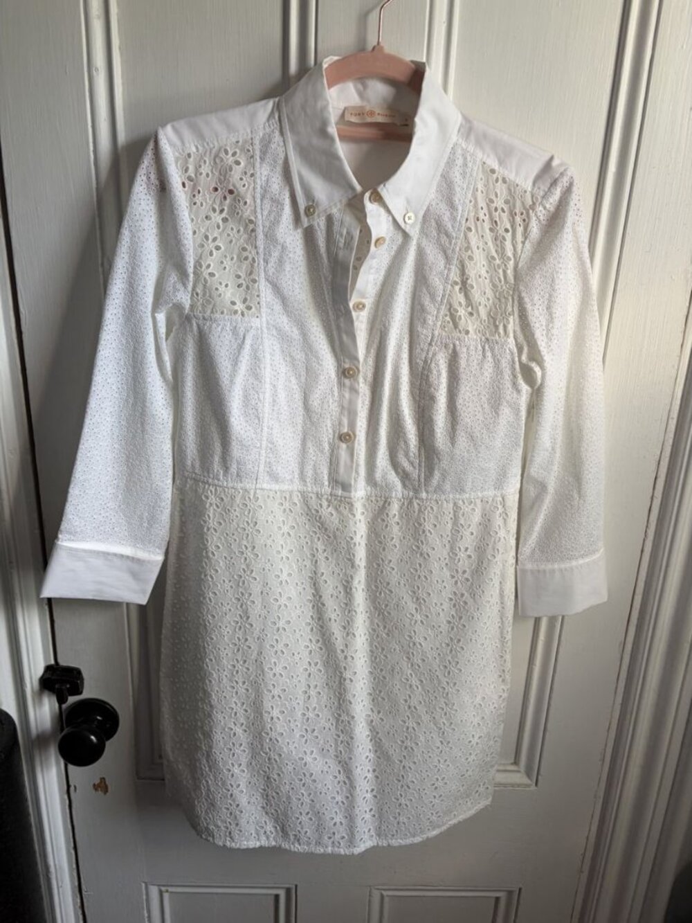 Tory Burch Patchwork Eyelet Shirt Blouse White Size 0 Tunic